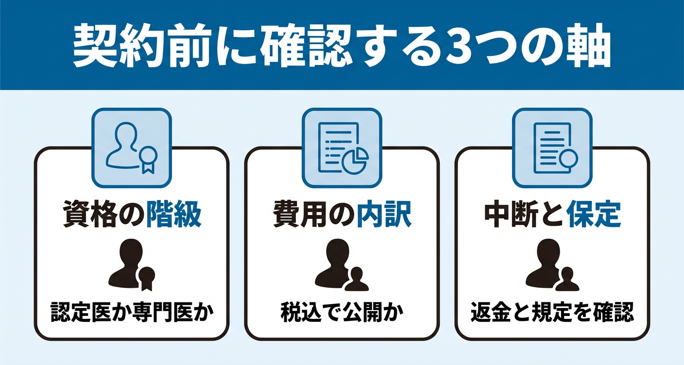 資格の階級/費用の内訳/中断と保定という、矯正治療の契約前に自分で確認すべき3つの判断軸を3枚のカードで整理した図。