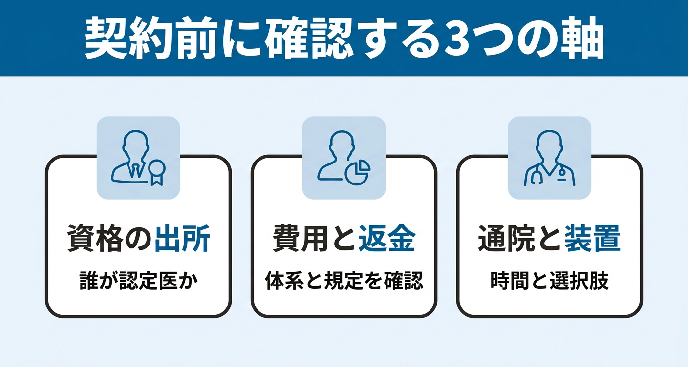 資格の出所/費用と返金/通院と装置という、矯正治療の契約前に自分で確認すべき3つの判断軸を3枚のカードで整理した図。