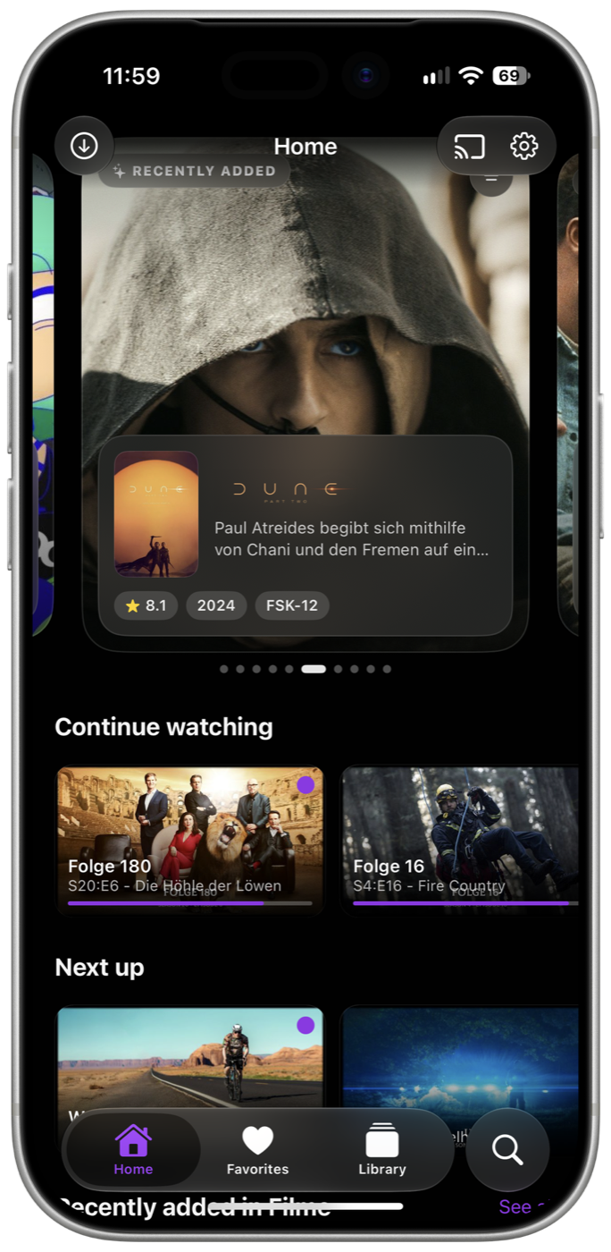 Home screen with the hero carousel showing Dune: Part Two, and the Continue watching and Next up rows