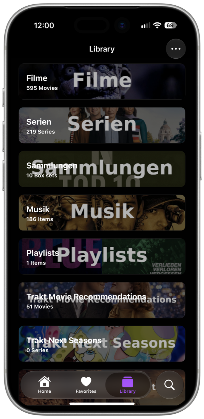 Library tab listing the server's libraries: movies, series, collections, music and playlists