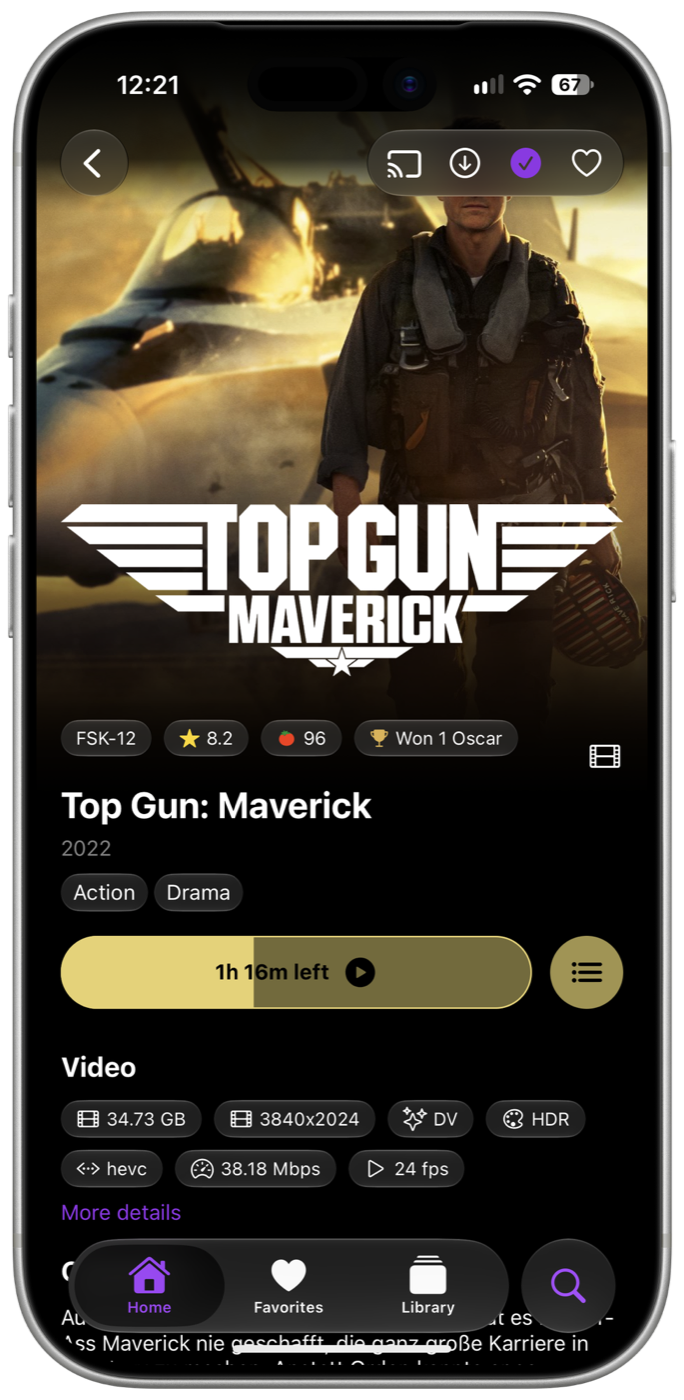 Movie page for Top Gun: Maverick with ratings, a resume button and the video details