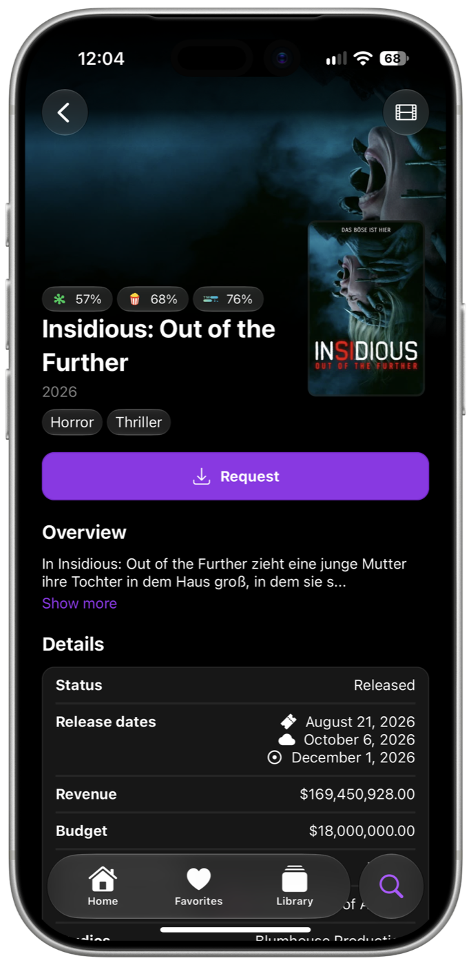 Seerr page for Insidious: Out of the Further with the Request button and release details