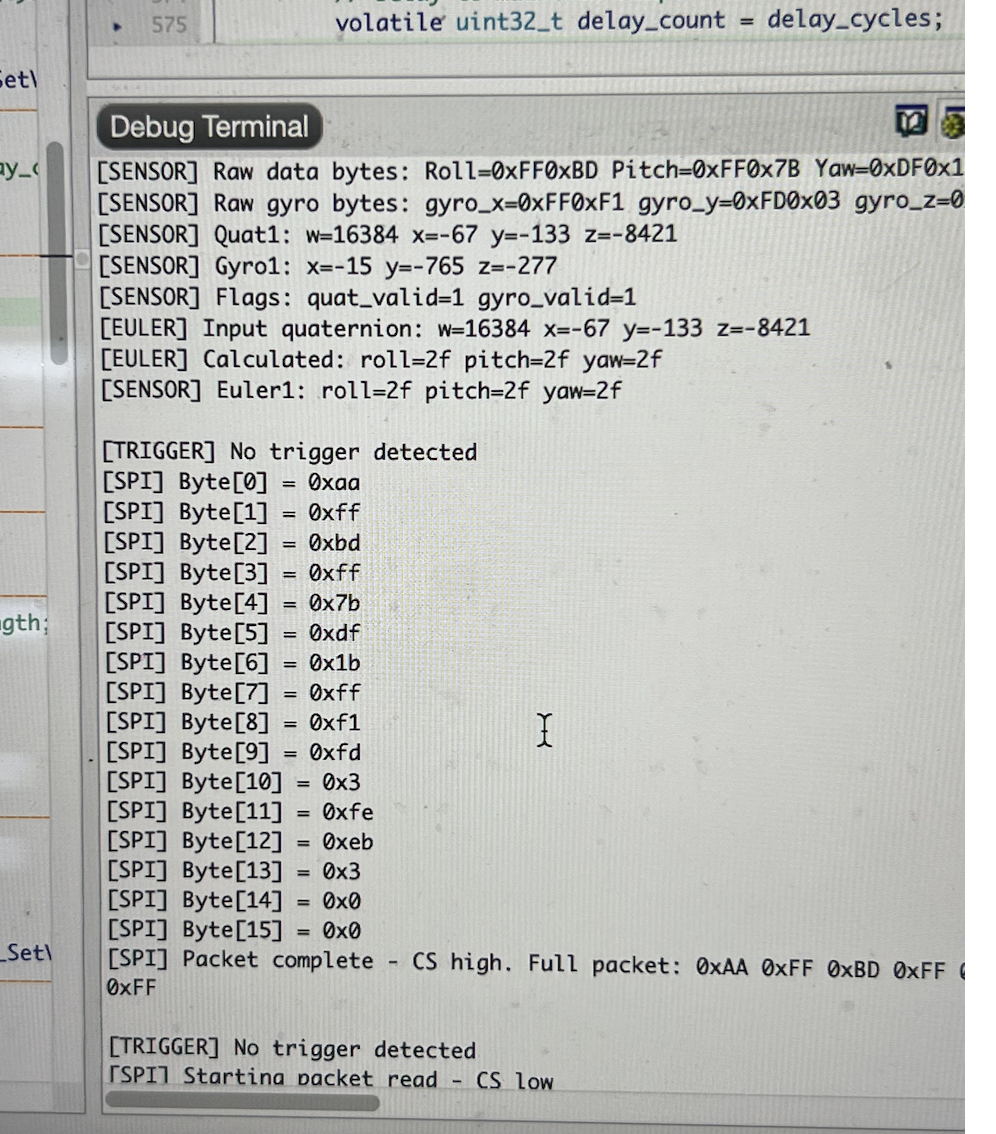 MCU Debug Terminal output displaying the 16-byte SPI packet