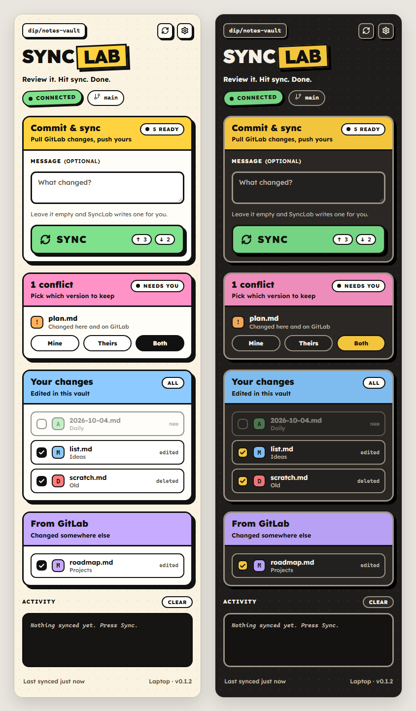 The SyncLab sidebar in light and dark mode