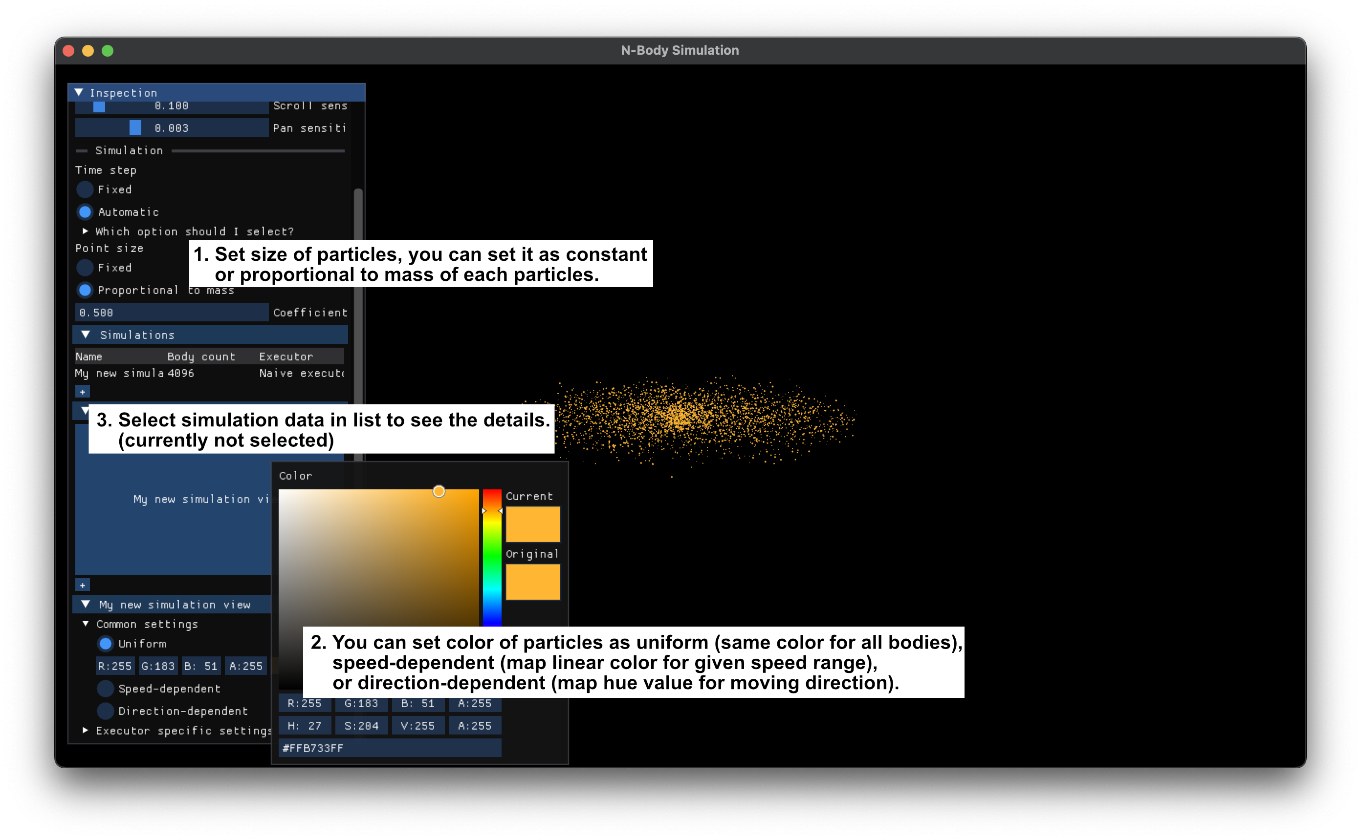 Parameters of simulation data and view