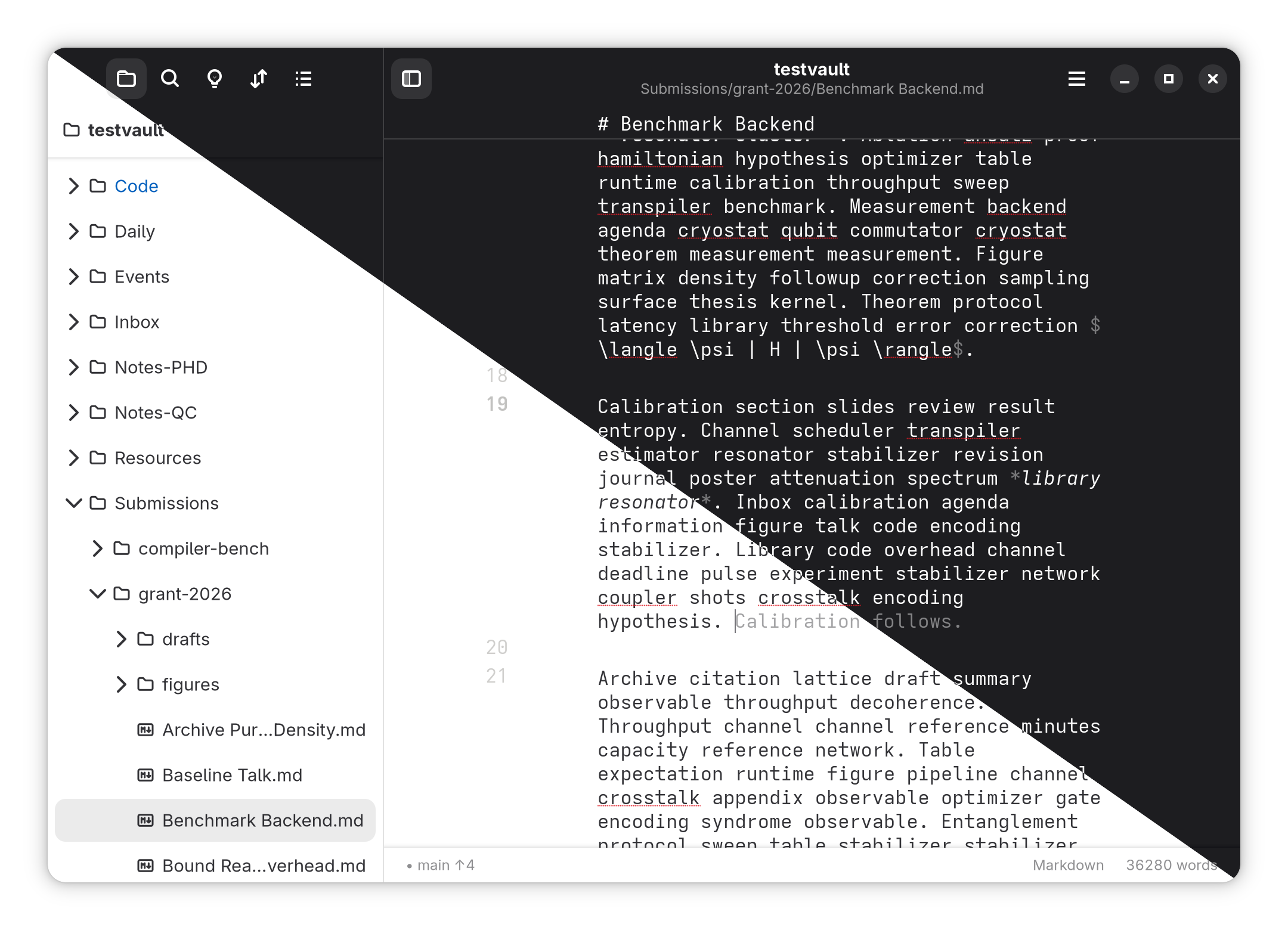 A note with an inline suggestion beside the vault's files