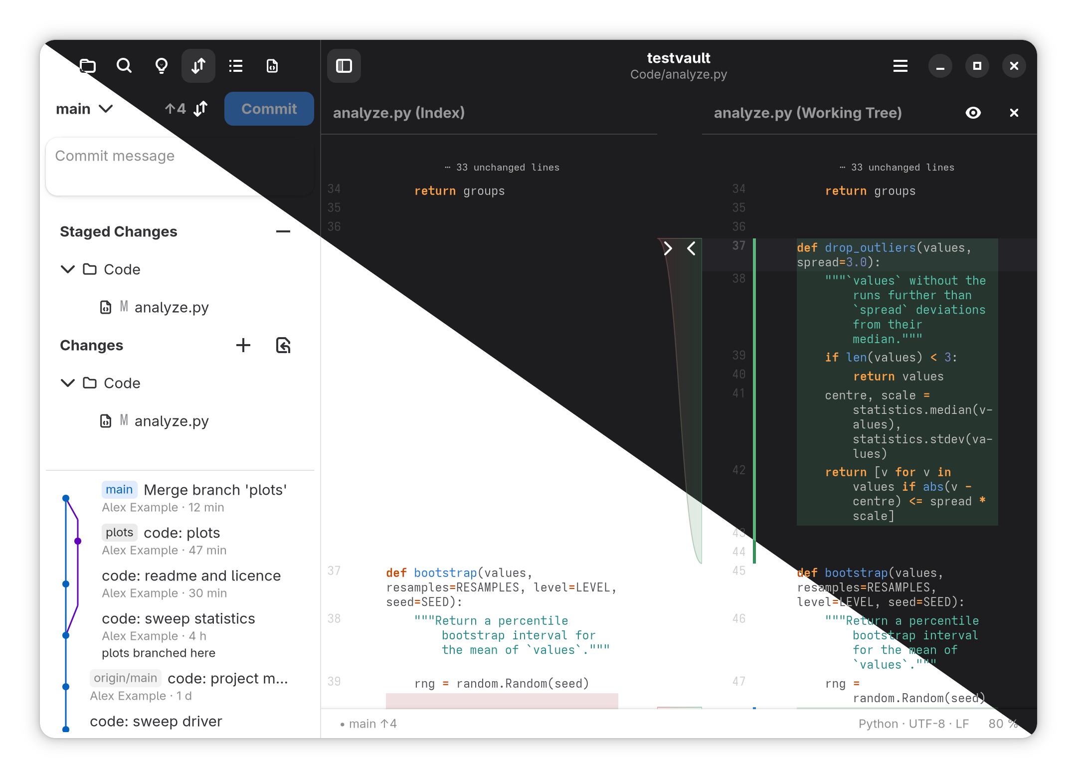 The Git pane beside a file's changes since it was staged