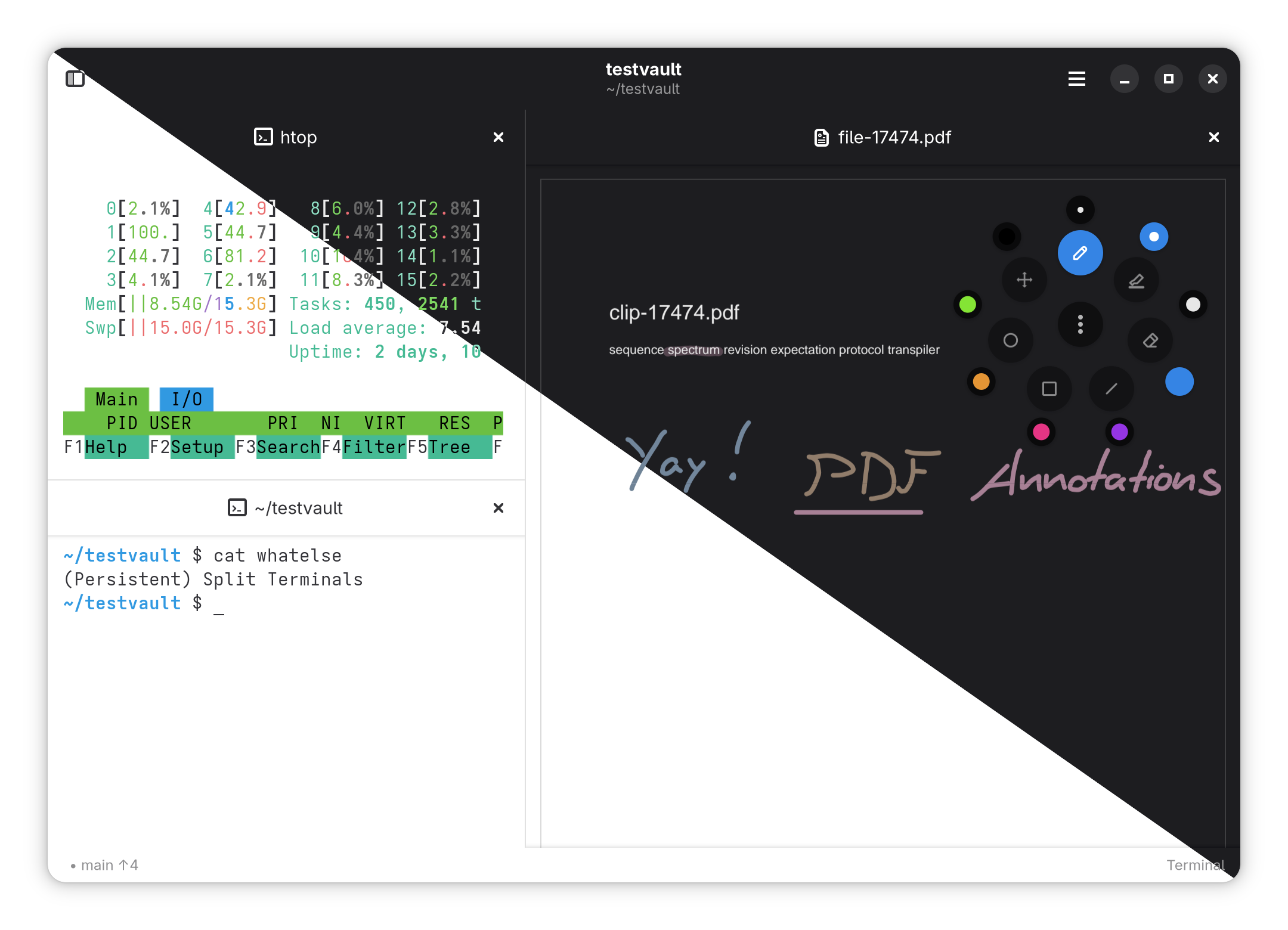 Two terminals beside a PDF annotated by hand