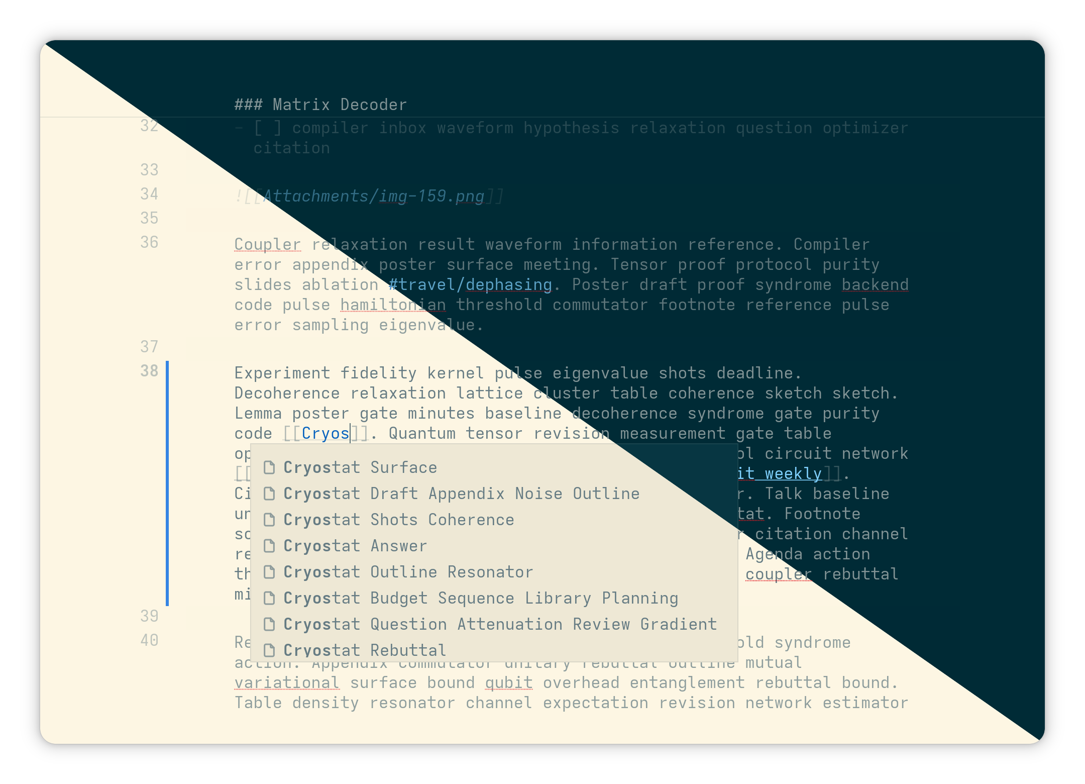 Focus mode in the Solarized theme while another note is linked