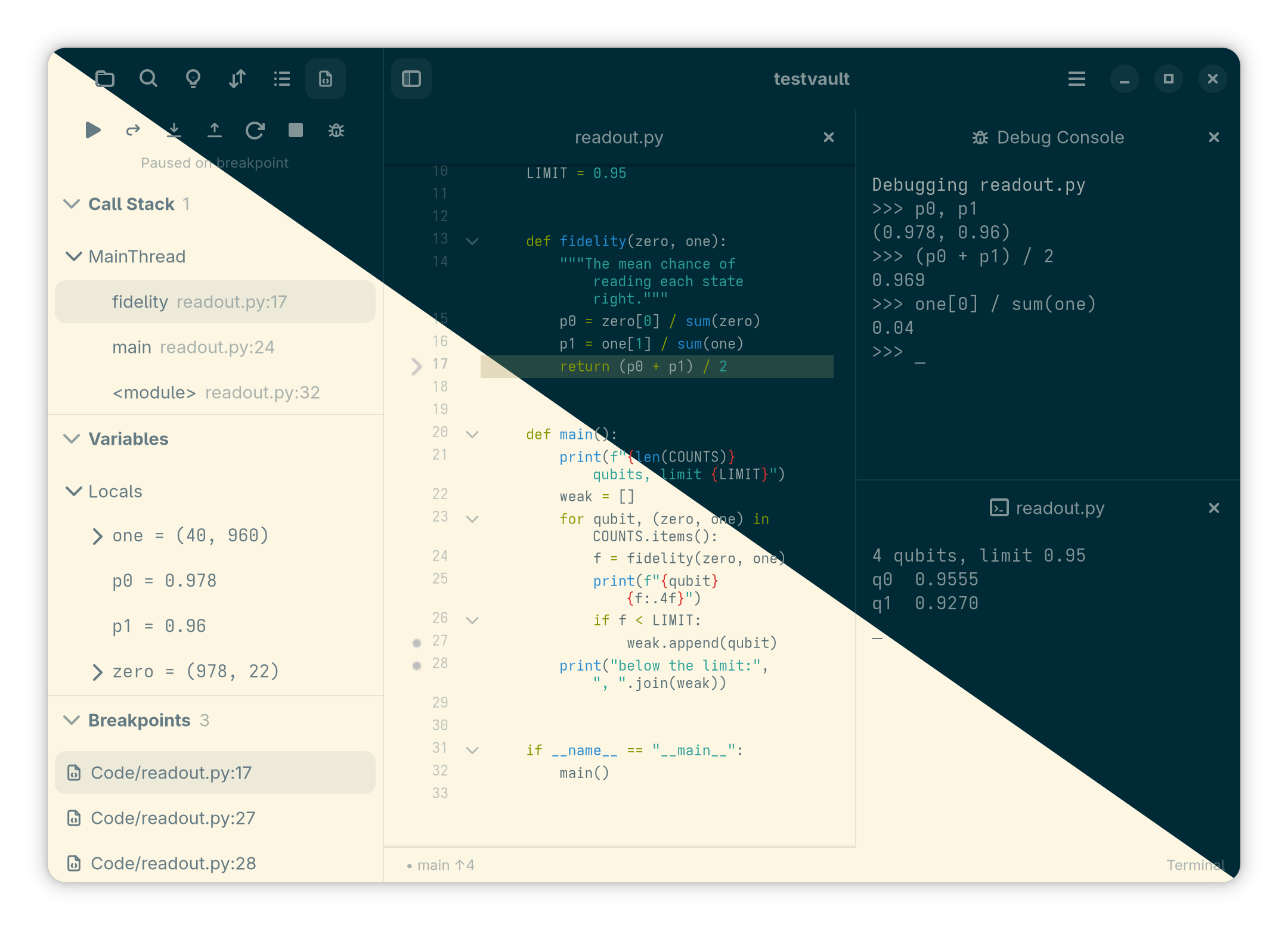 A Python program paused at a breakpoint in the Solarized theme, beside its Debug Console and output