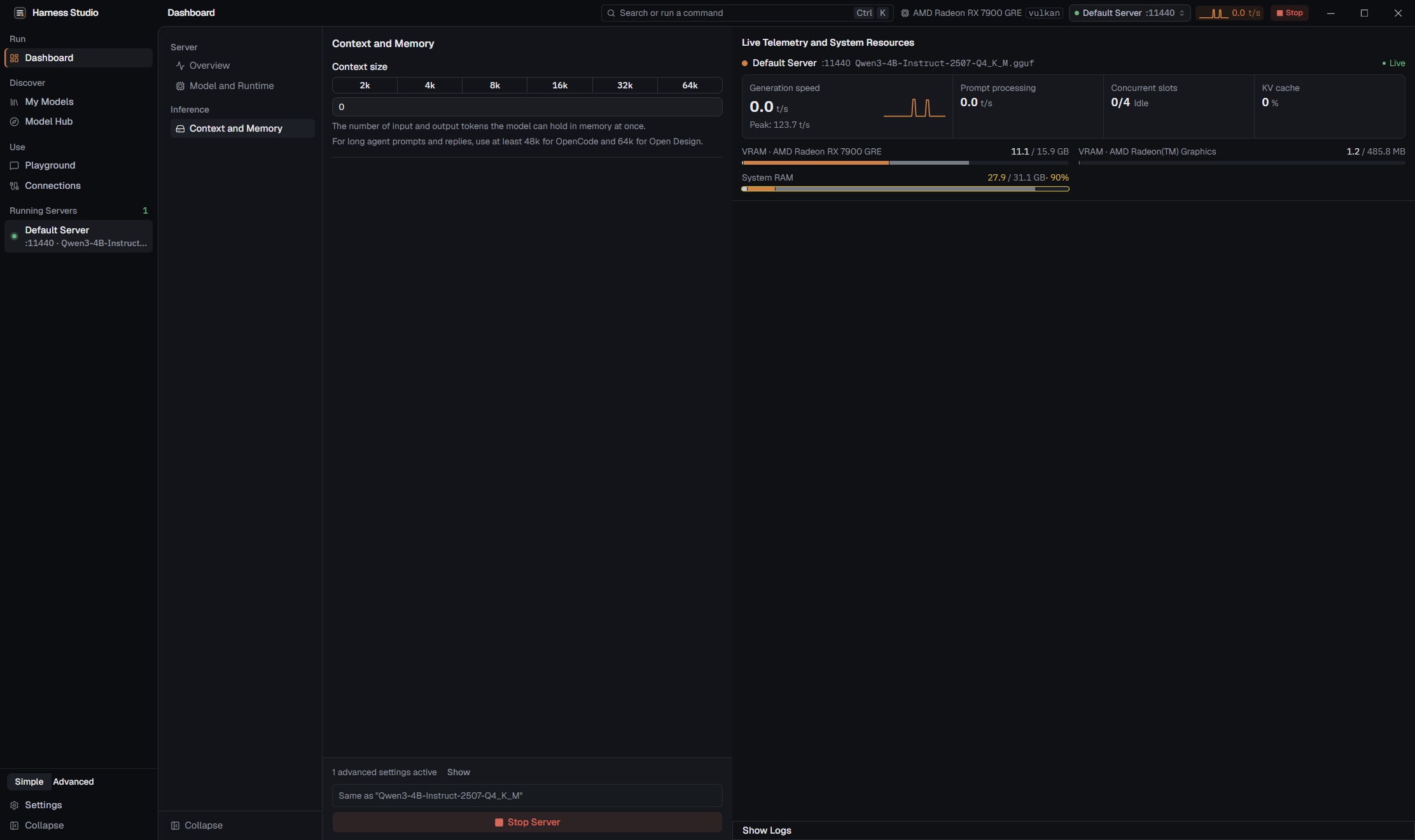 Dashboard with server settings