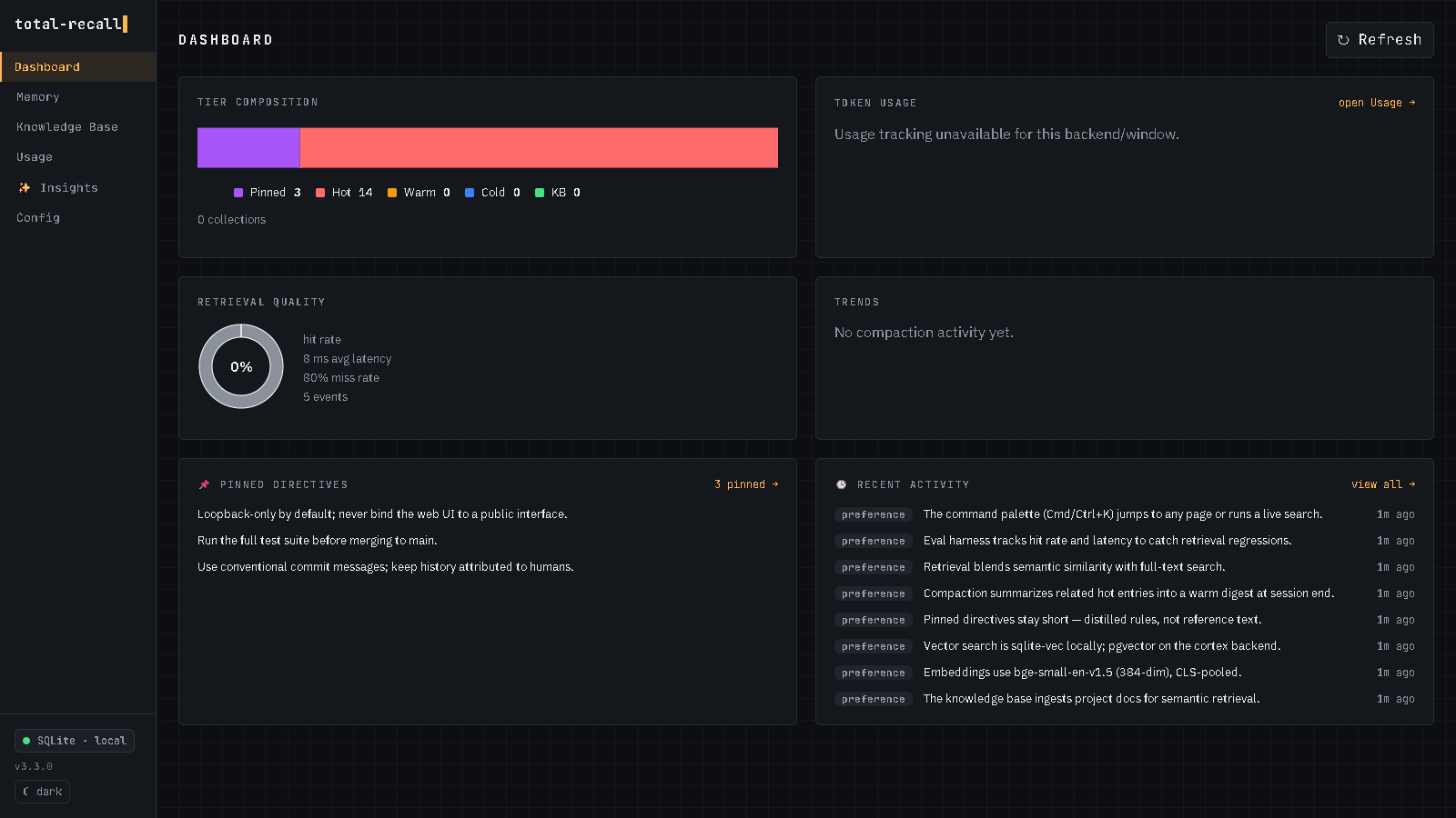 total-recall web UI — Dashboard, dark theme