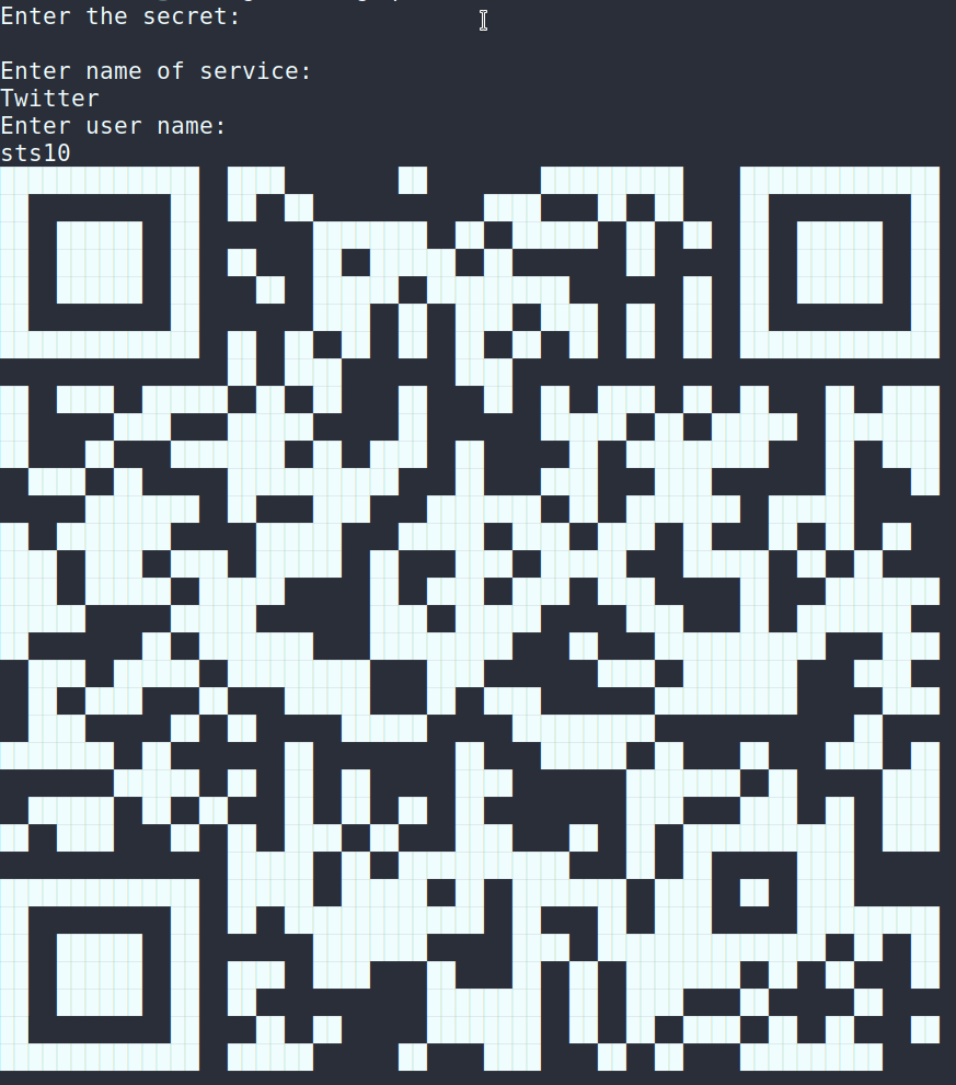 Demo of qrforge drawing a QR code from a TOTP secret and other account information, and displaying the resulting QR code