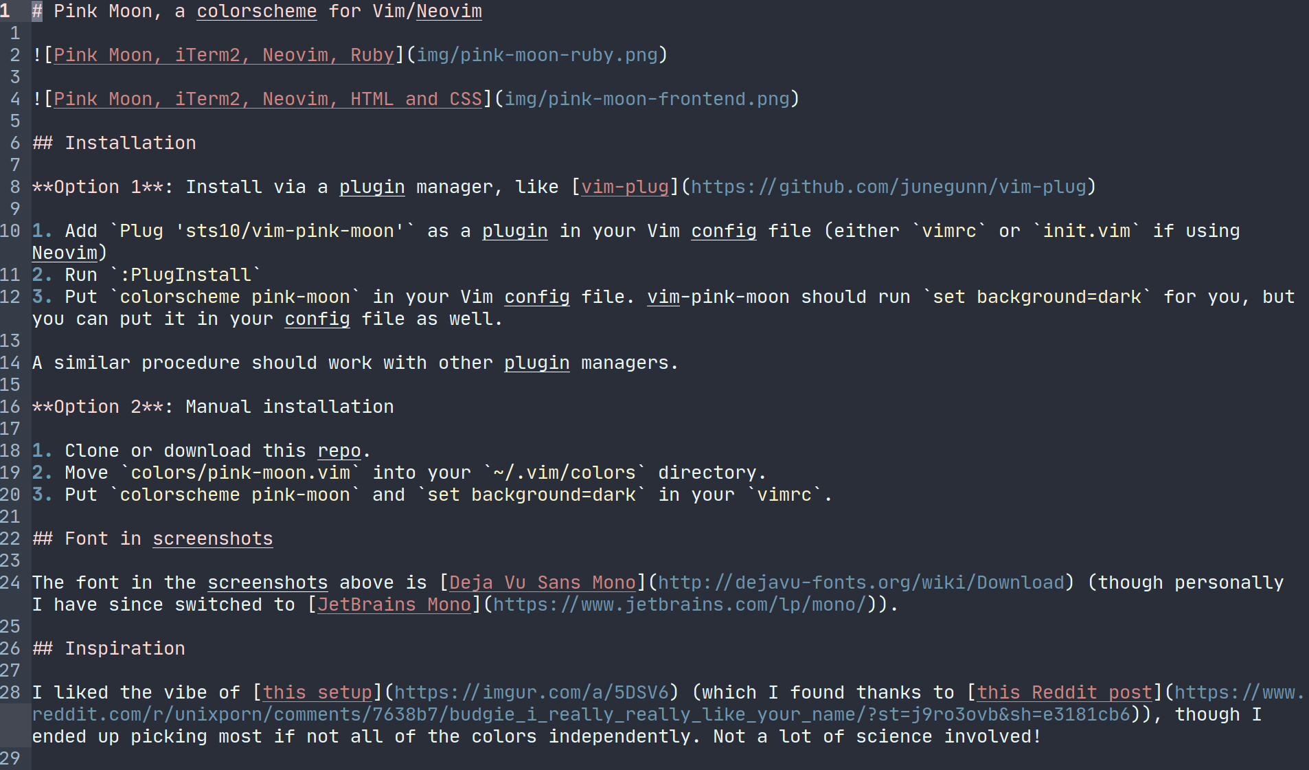 A screenshot of some Ruby code, as color-highlighted by the Pink Moon colorscheme, using the font JetBrains Mono