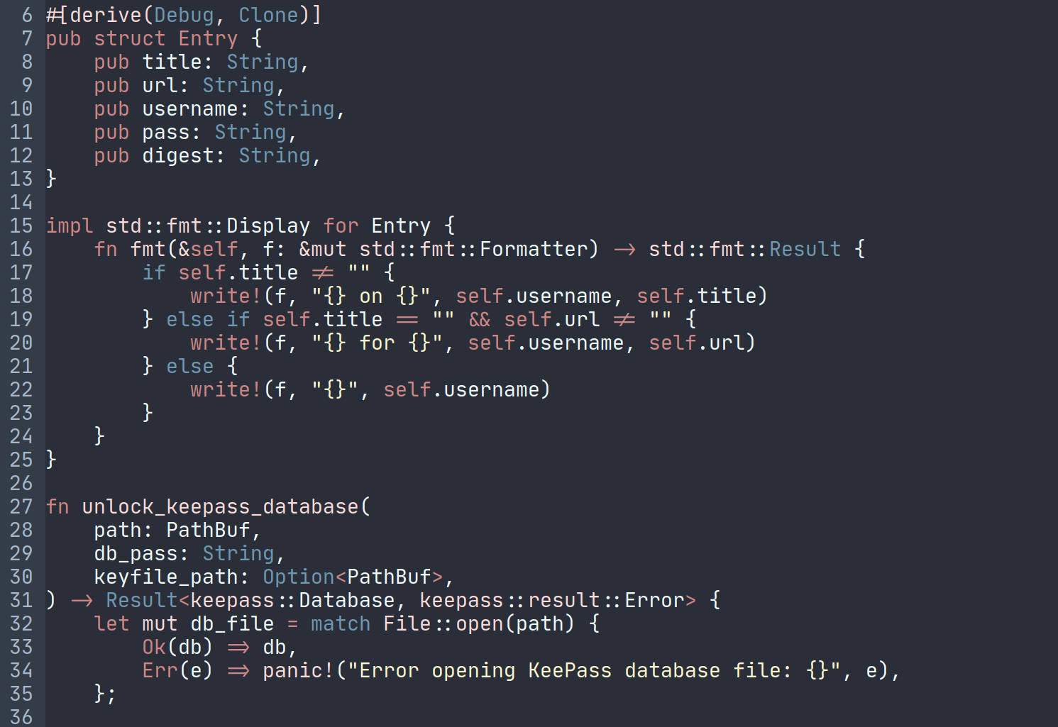 A screenshot of some Rust code, as color-highlighted by the Pink Moon colorscheme, using the font Jetbrains Mono