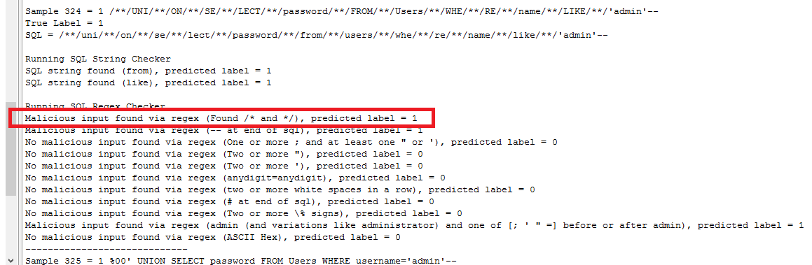 Example console output - showing detection of obfuscated SQL