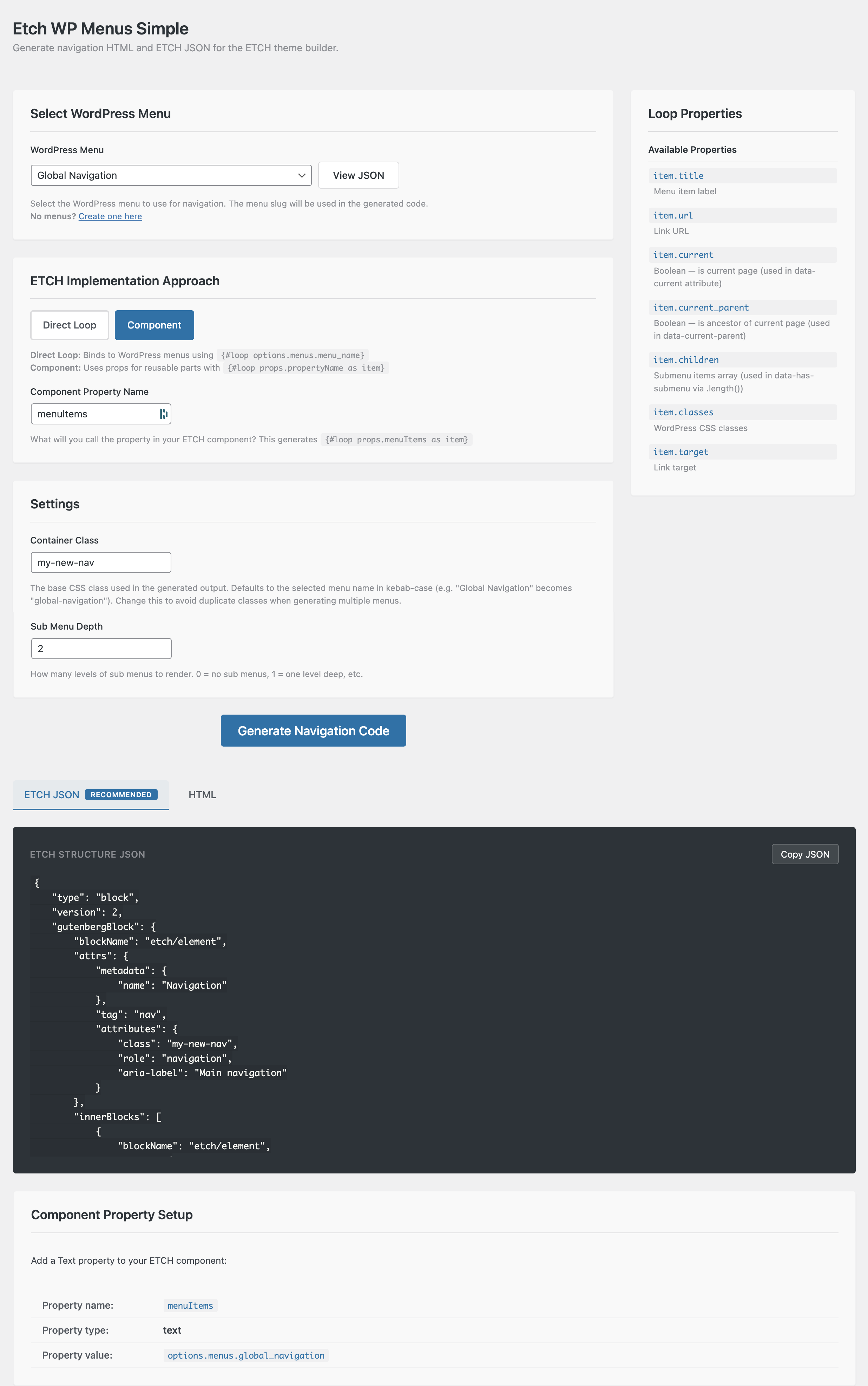 Etch WP Menus Simple — Admin UI
