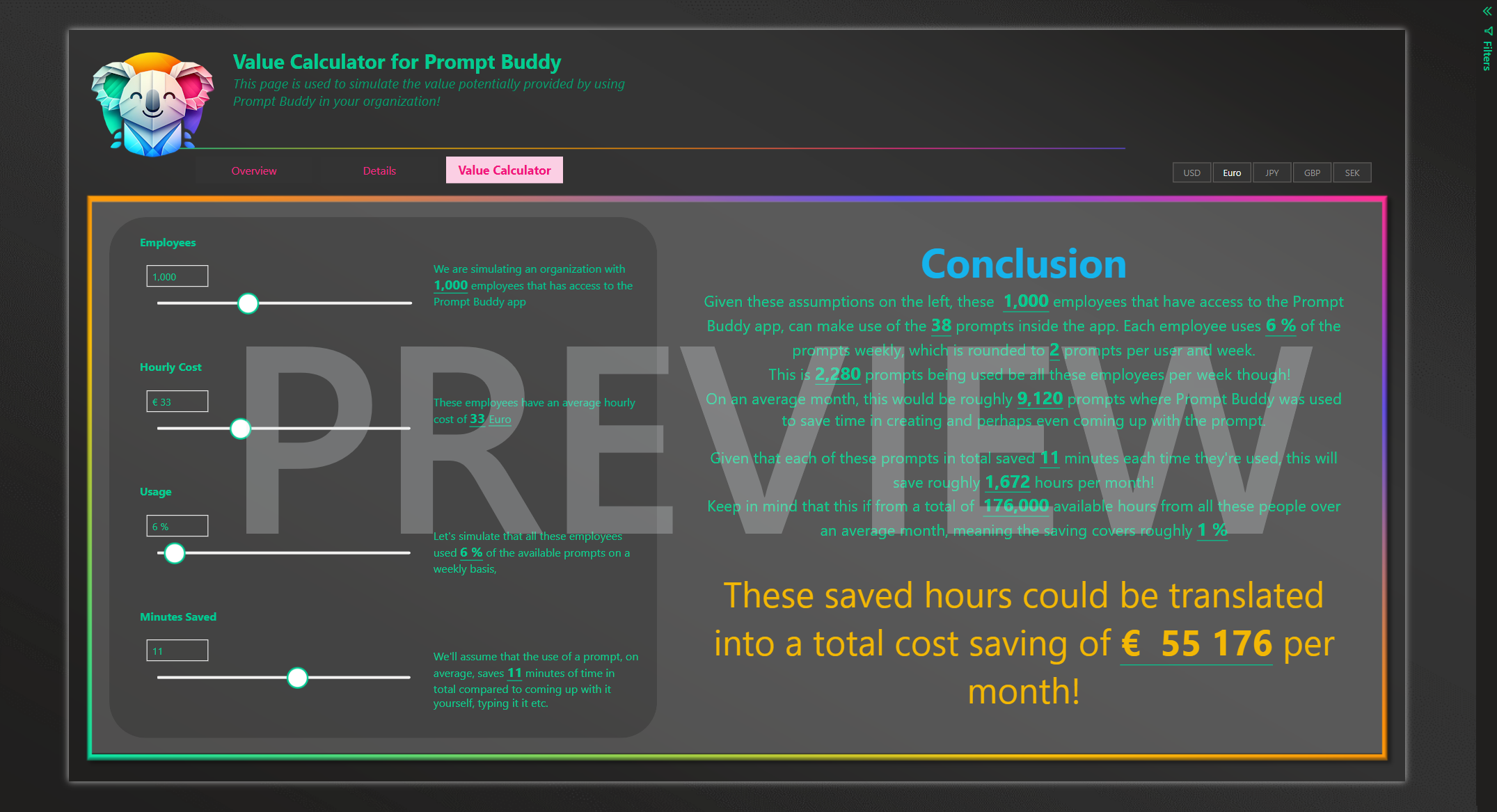 Business Value Report - Value Calculator section