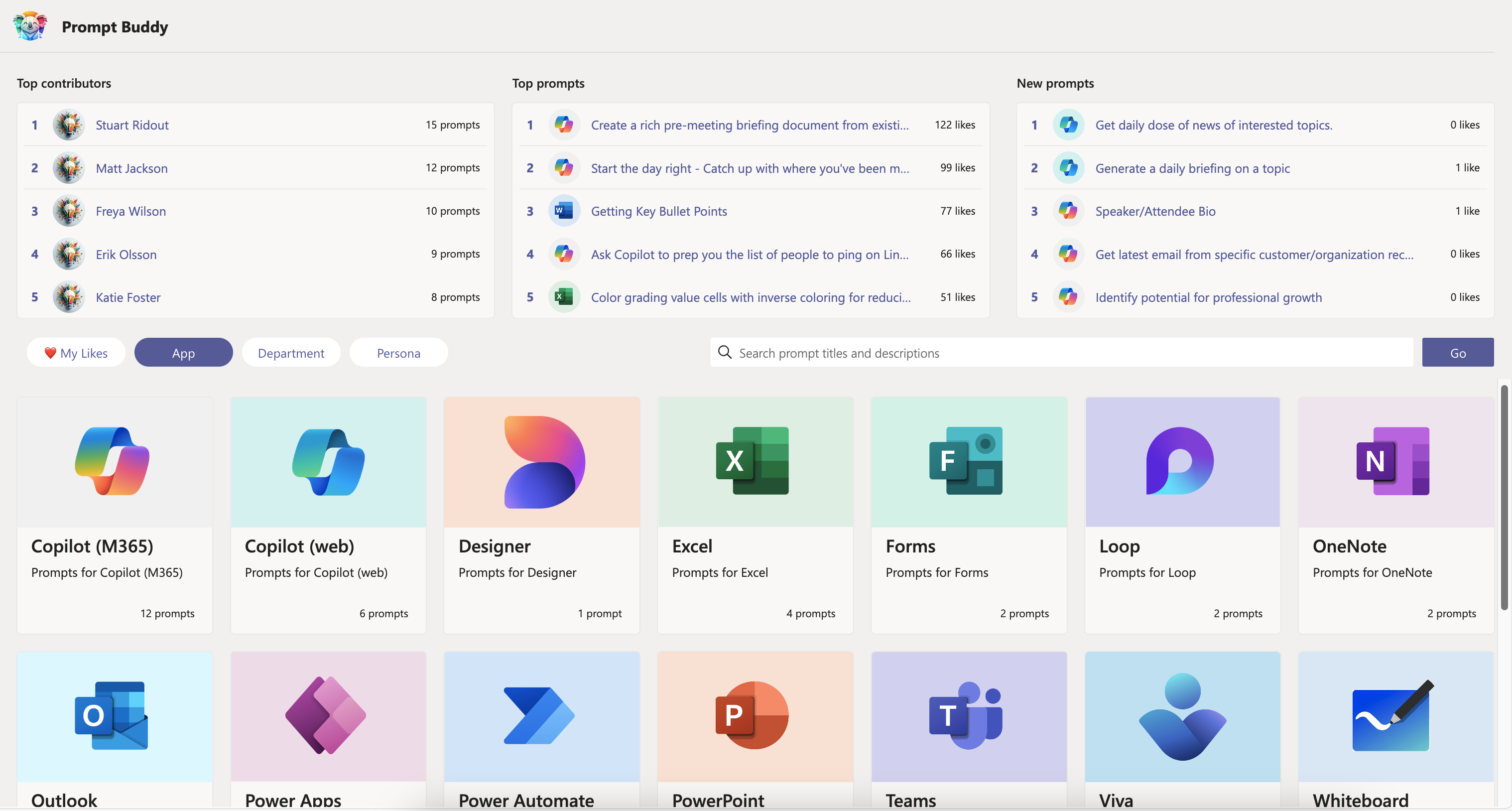 Screenshot showing overview of the Prompt Buddy app in Light mode with App category