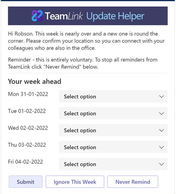 Screenshot showing reminder card in Teams