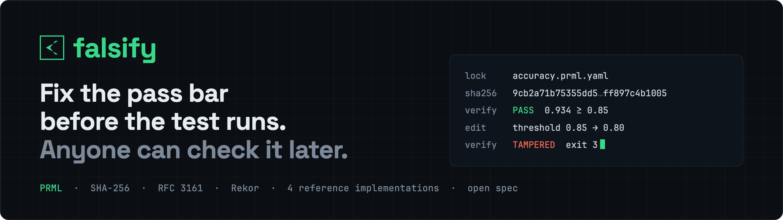 falsify: fix the pass bar before the test runs. Anyone can check it later.