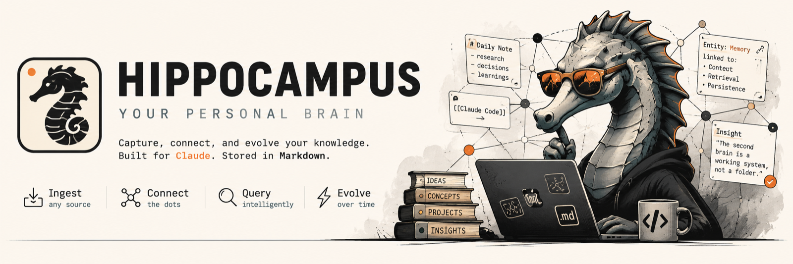 Hippocampus — your personal brain. Capture, connect, and evolve your knowledge. Built for Claude, stored in Markdown.