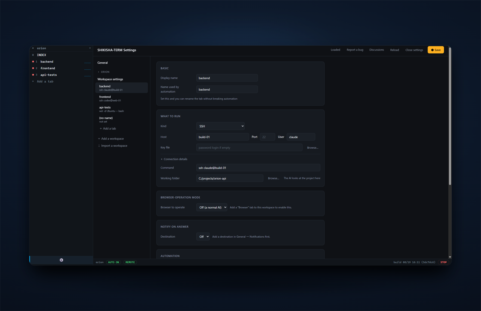 SHIKISHA-TERM settings — configure each tab (name, command or SSH host, working folder, automation) in a form, with no JSON editing