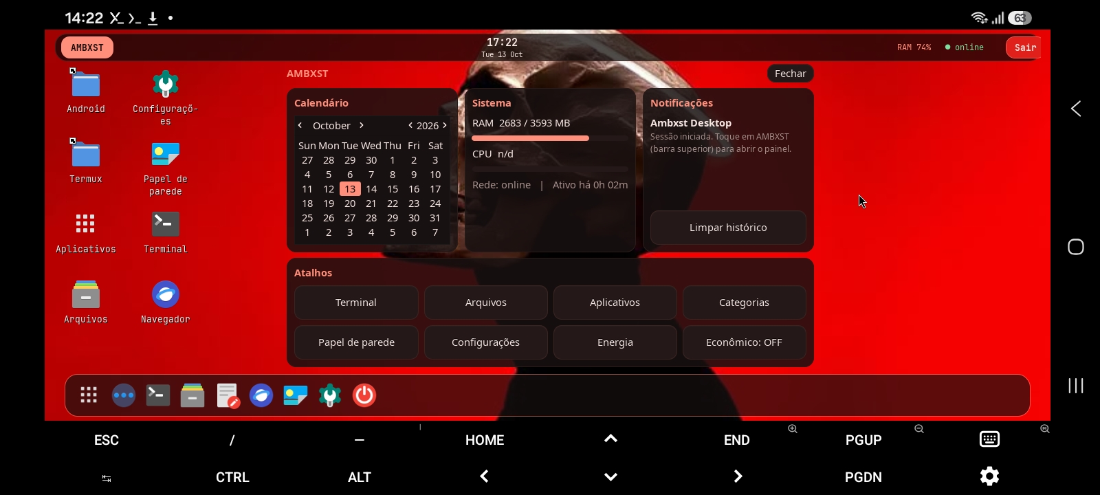 Desktop do Infynit AI no Termux:X11, com barra superior, painel com calendário, sistema e notificações, atalhos e dock