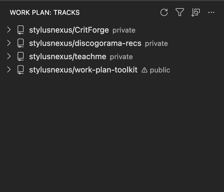Repos → tracks in the Work Plan sidebar