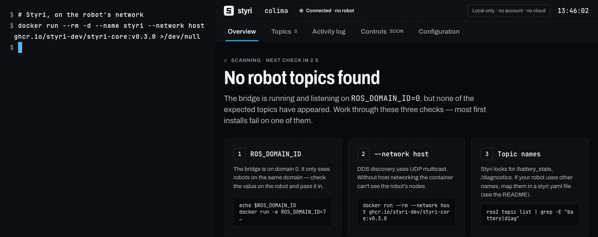 Styri: ROS 2 nodes in a terminal on the left, the Styri operator panel showing live robot status on the right