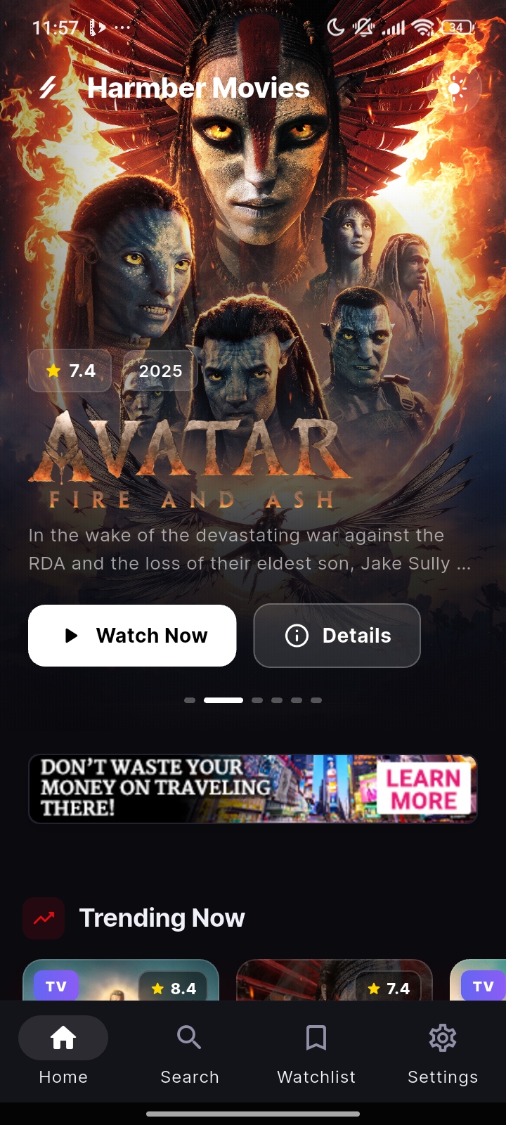 Home screen showing trending movies and TV shows