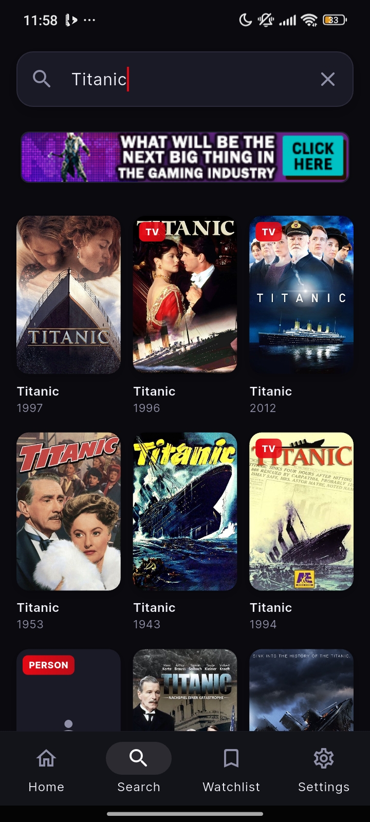 Search screen with real-time results
