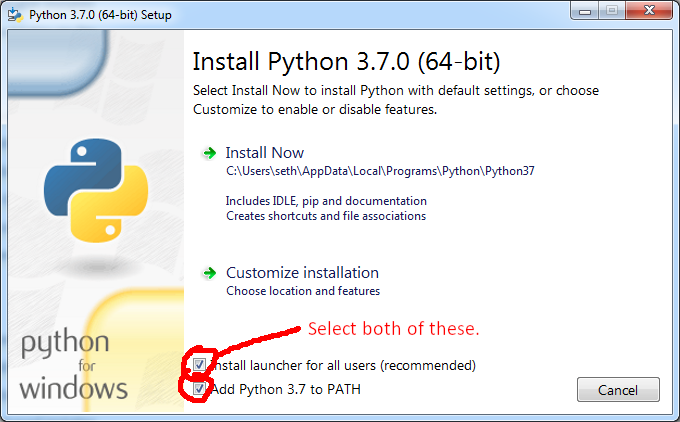 The Python path checkbox is at the bottom of the dialogue box