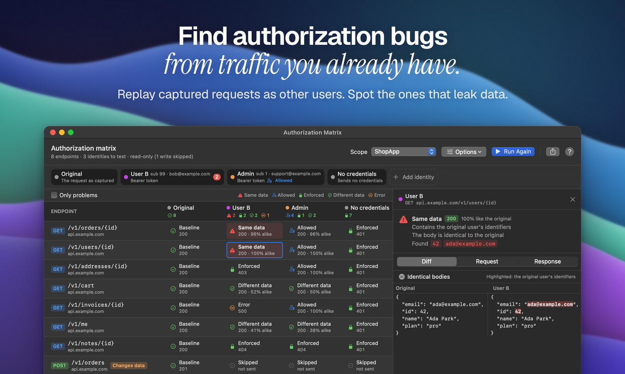 The Authorization Matrix comparing what each user gets back for each endpoint