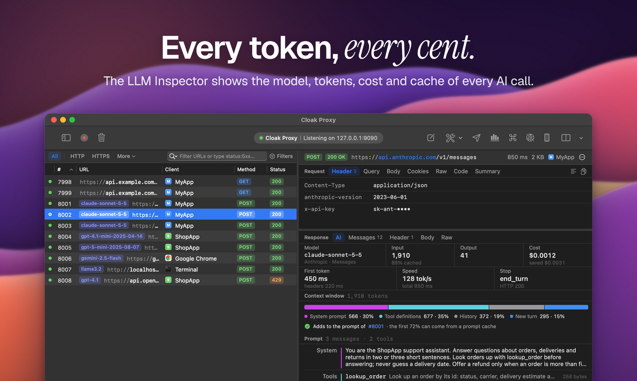 The LLM Inspector showing tokens, cost and cache use for an AI API call