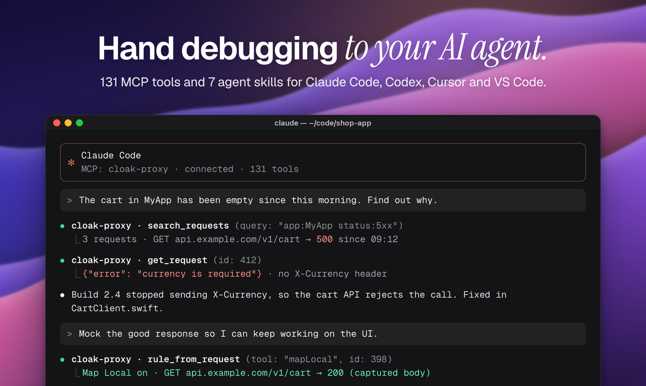 Claude Code reading captured traffic through Cloak Proxy's MCP server