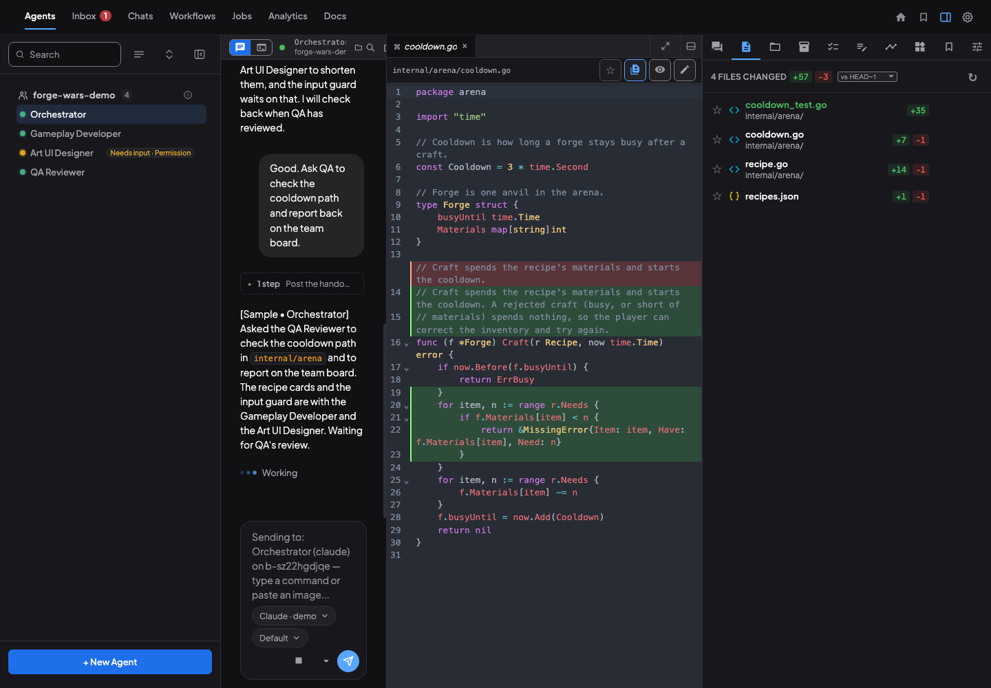 An agent's changed-files panel: four files changed versus the previous commit, with an inline diff of cooldown.go and the agent's chat alongside
