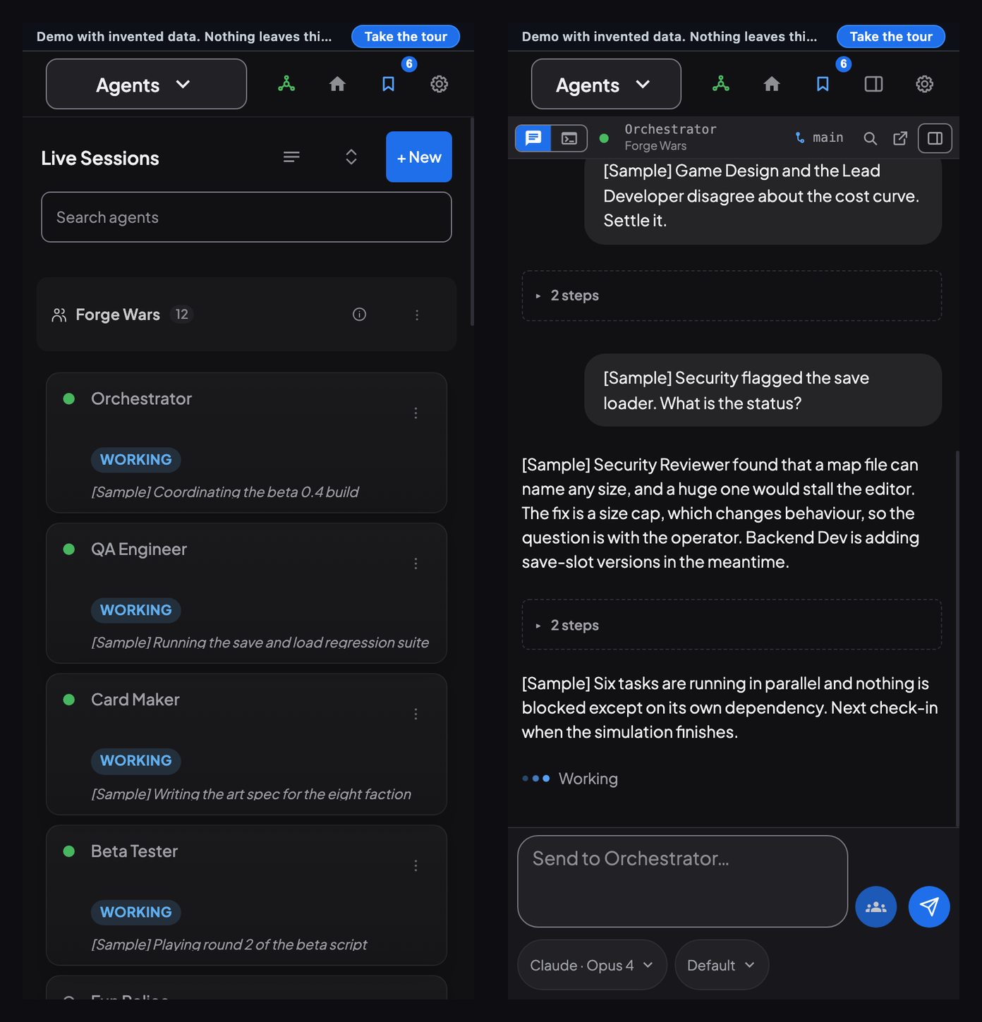 The dashboard on a phone: the live sessions list, and an agent's chat