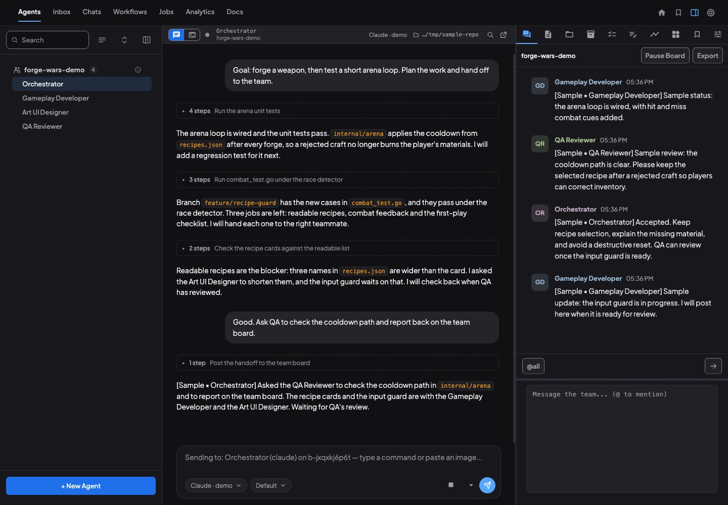 The Coral dashboard: a team of agents on the left, an Orchestrator's chat in the middle, and the team's message board on the right
