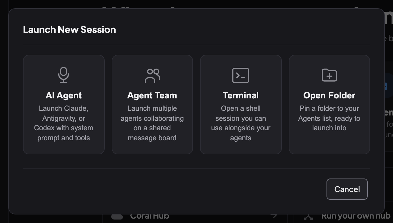 The Launch New Session dialog with four choices: AI Agent, Agent Team, Terminal, and Open Folder