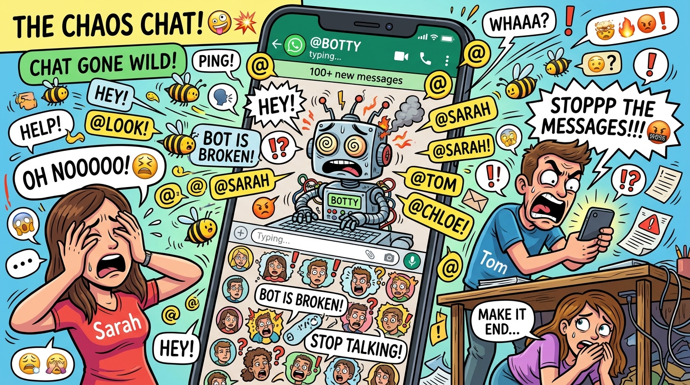 WhatsApp chaos - robot panicking in a group chat
