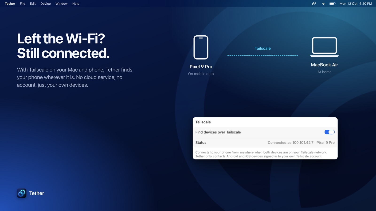 Tether connecting to a phone on mobile data over Tailscale