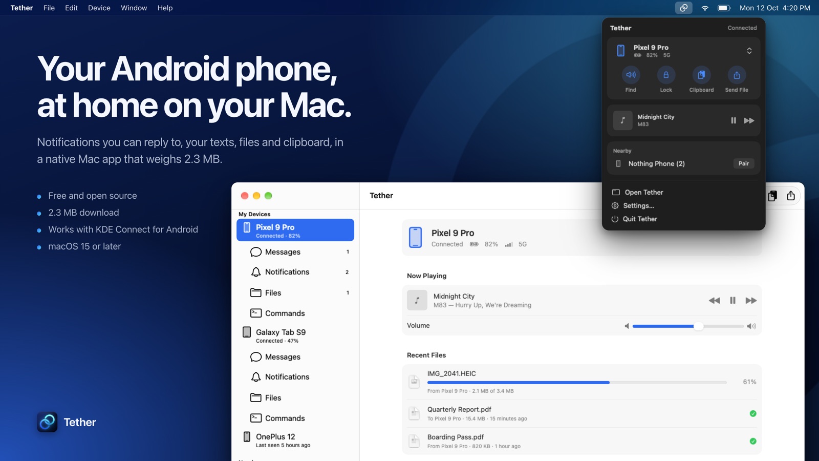 Tether's main window and menu bar popover on a Mac desktop