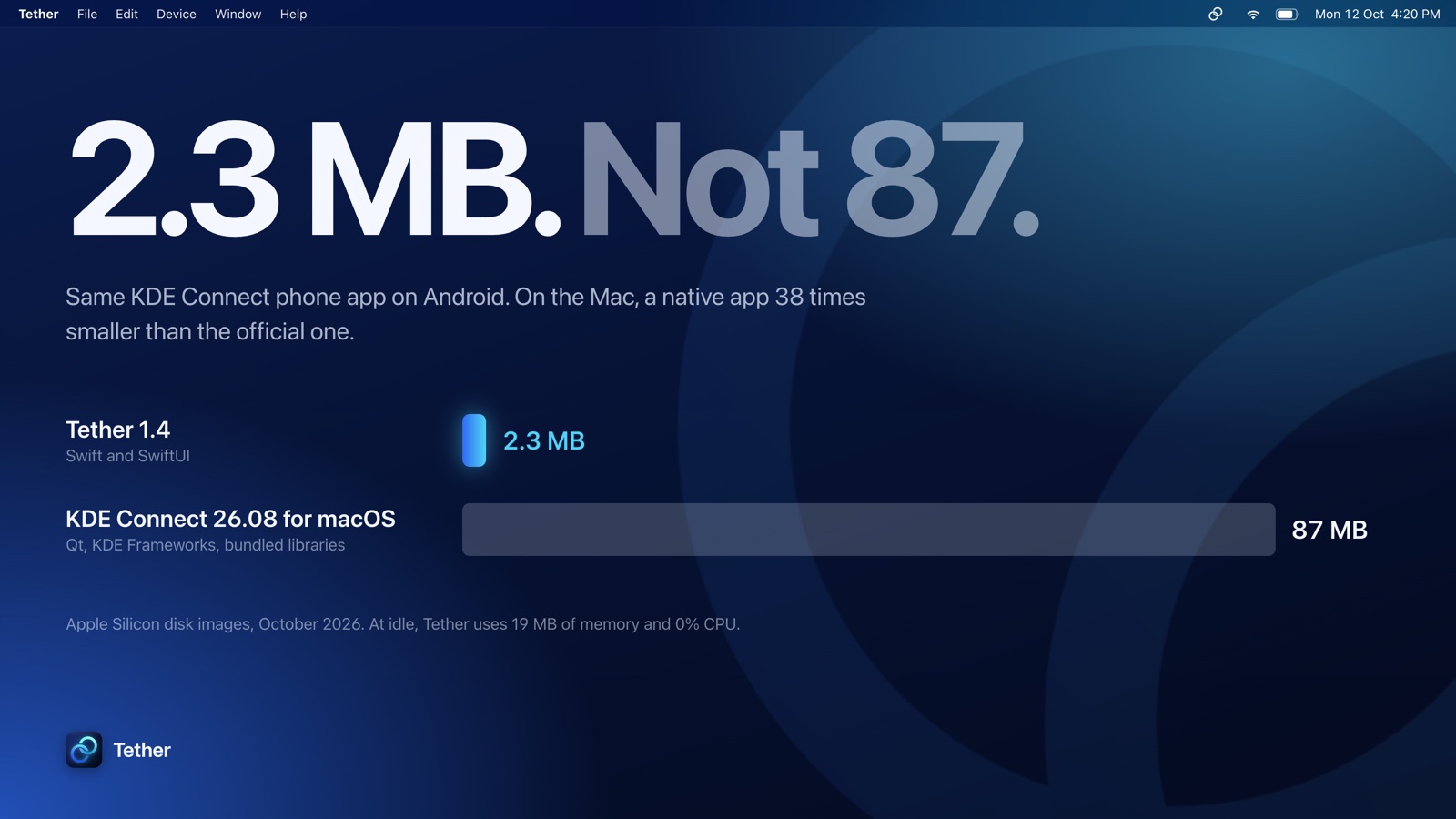 Tether's 2.3 MB download compared with the official KDE Connect for macOS at 87 MB