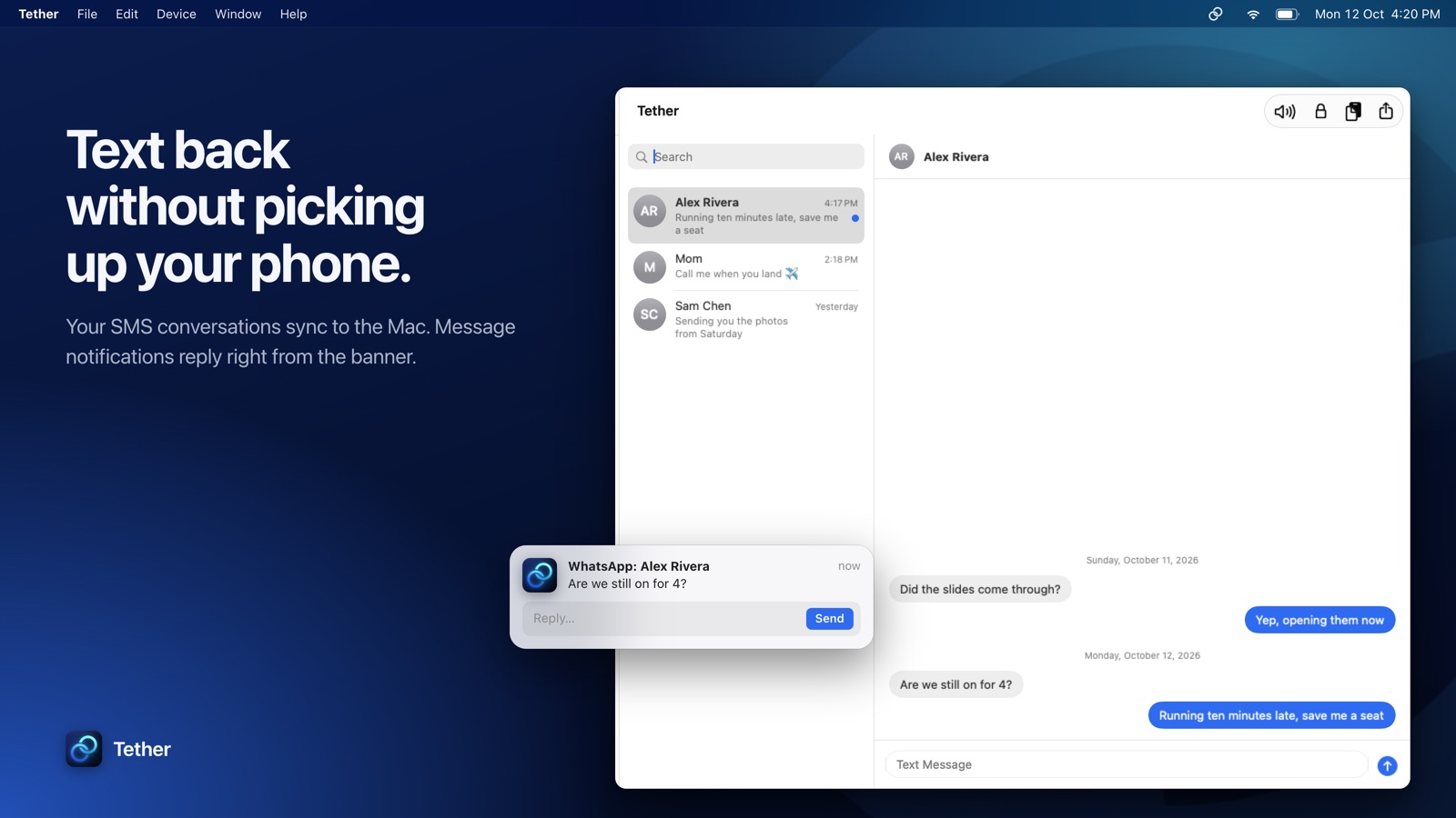 Tether's Messages view with a reply from a notification banner