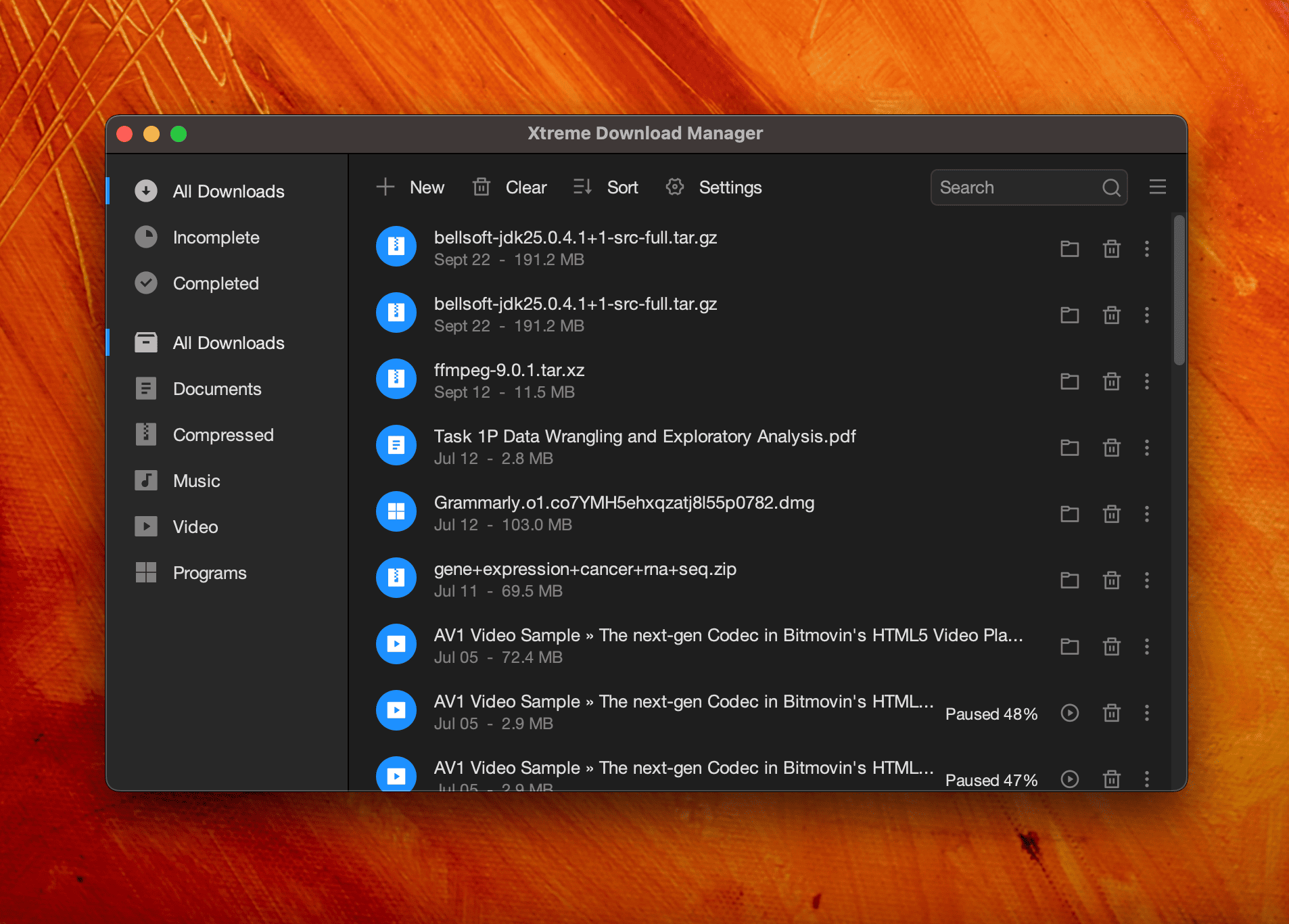 XDM main window with the downloads list