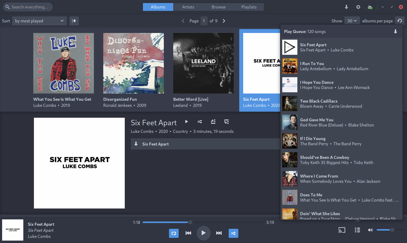 The Albums tab of Sublime Music with the Play Queue opened. More Screenshots