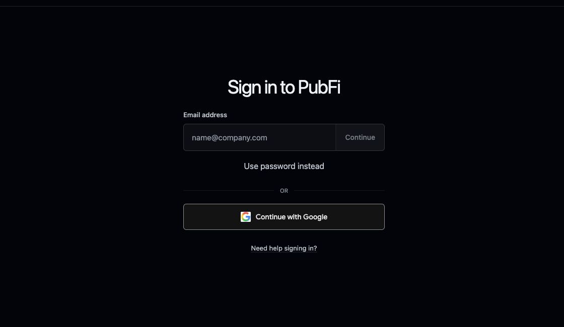 PubFi sign-in page