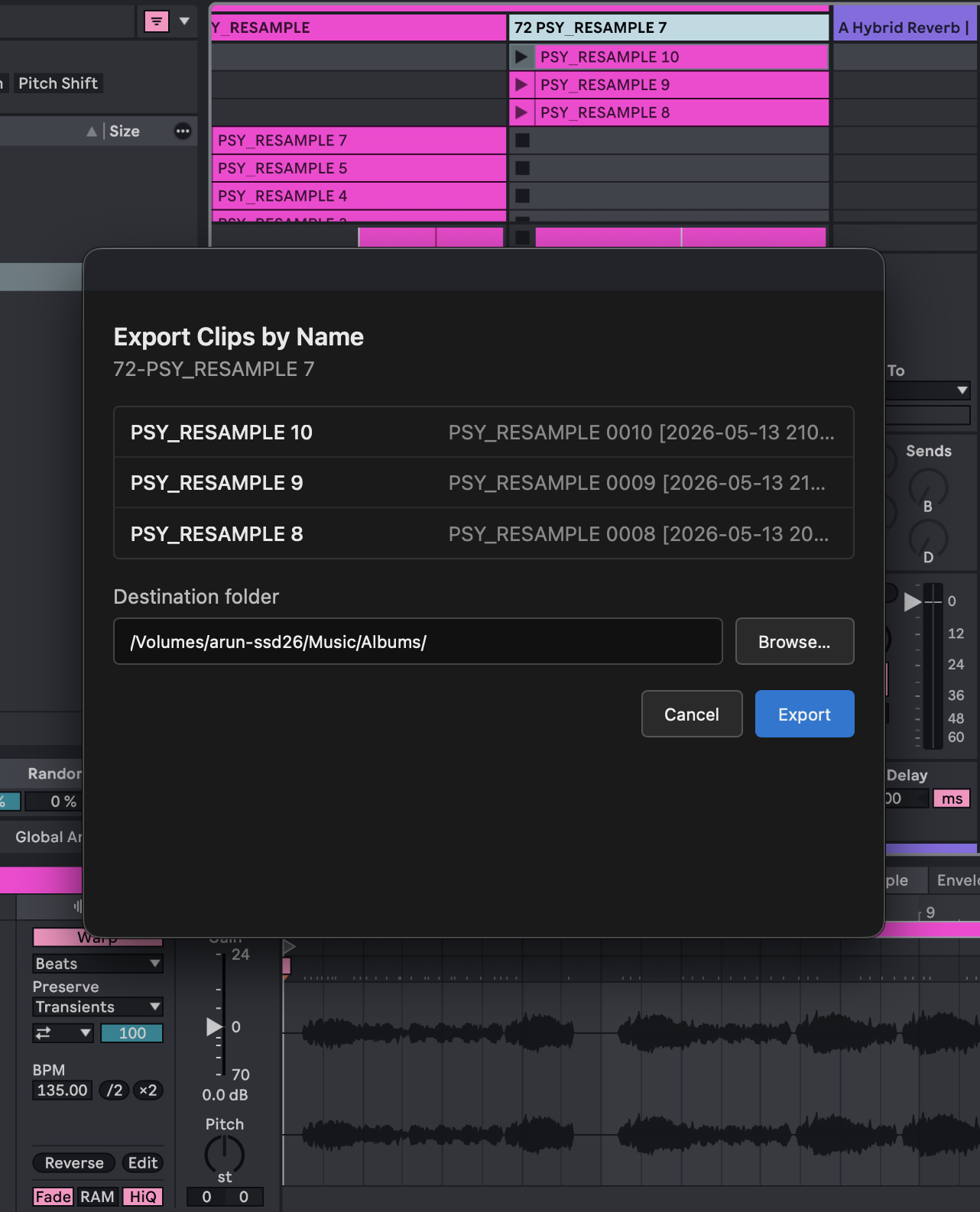 Export dialog with destination folder and clip list
