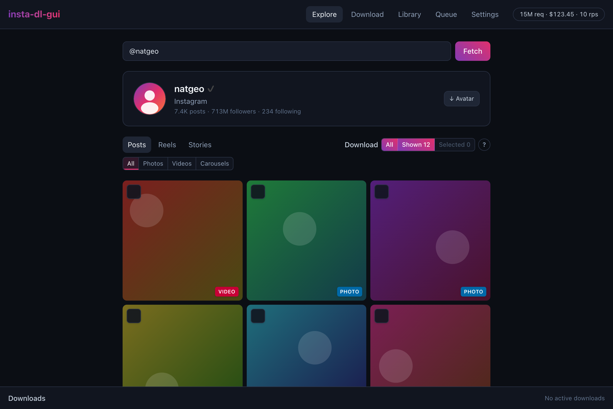 insta-dl-gui Explore interface